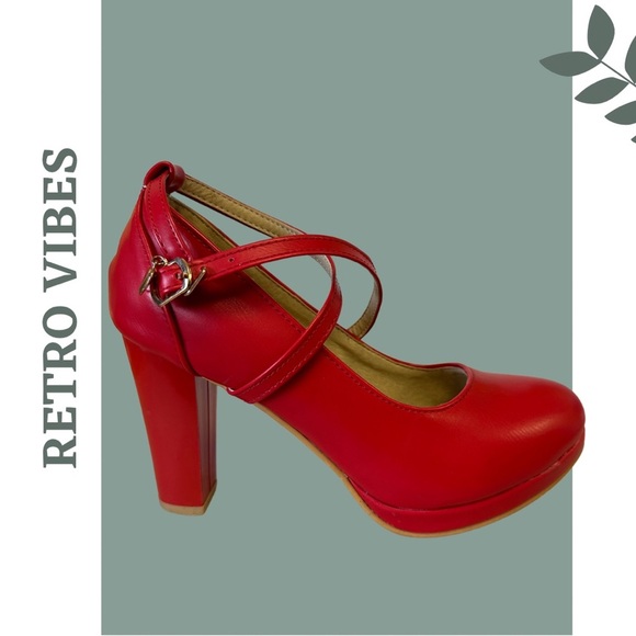 🛍️3/$40 Retro Vintage Inspired Red Platform Mary Jane High Heel Strap Sz 8.5 39 - Picture 3 of 9